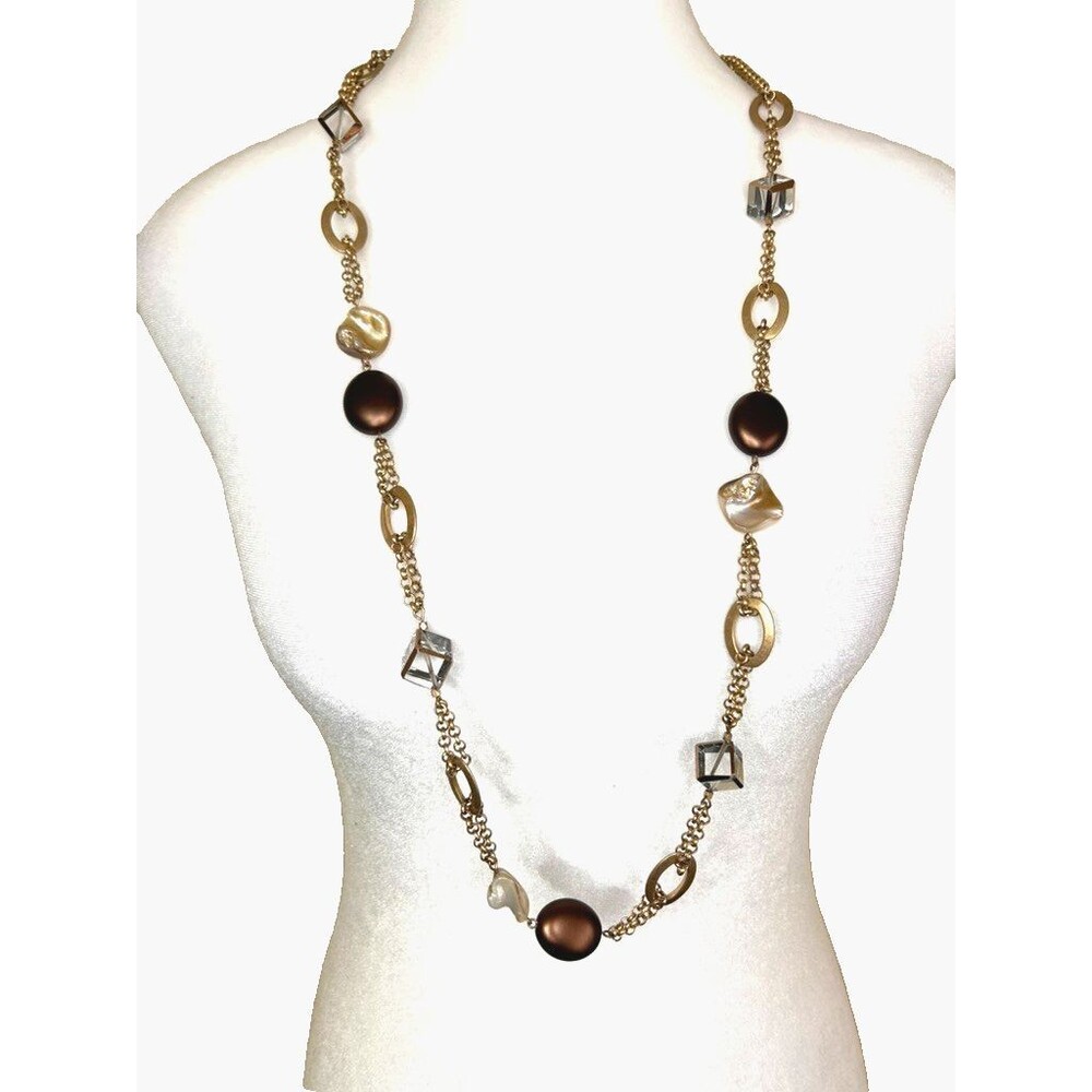 Chico's Statement Long  Gold Tone with Brown & Clear Beads Pre-Owned. Necklace